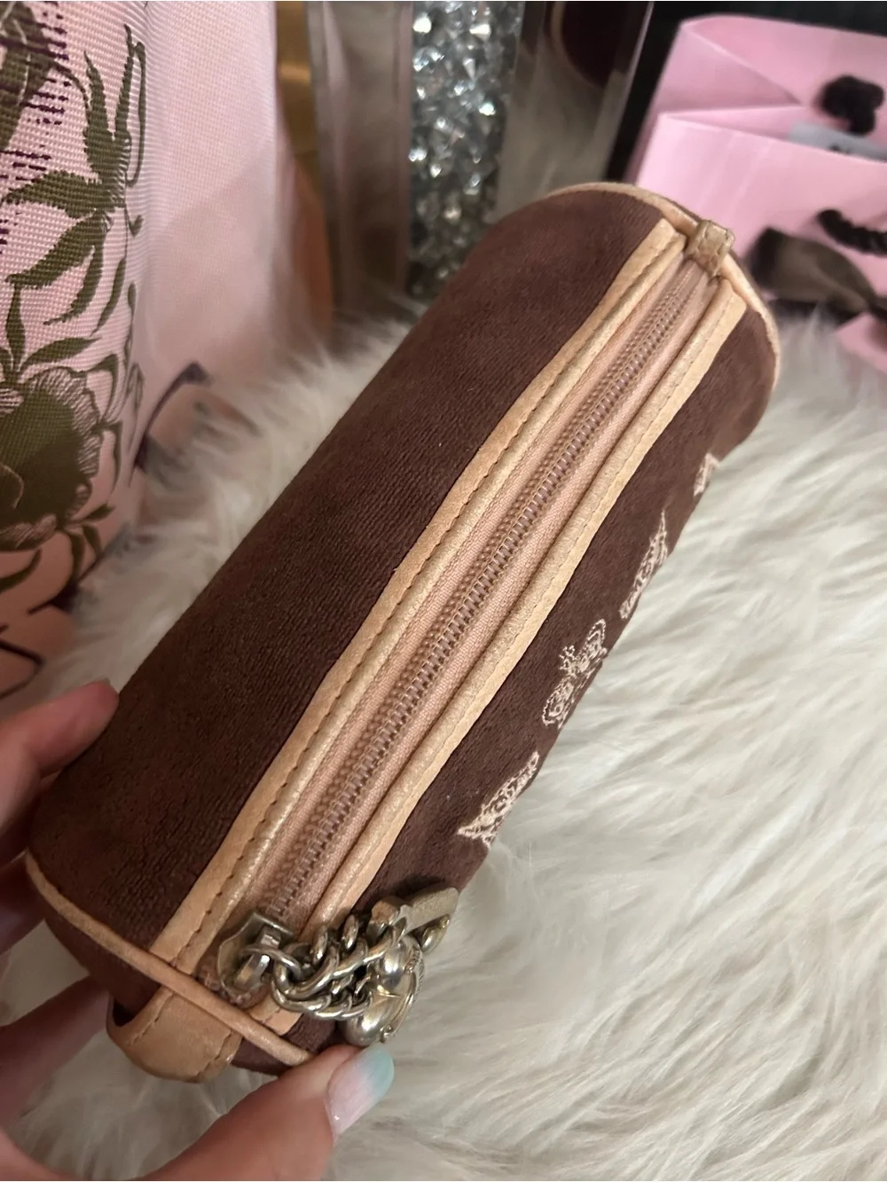 Vintage 2004 Juicy Couture Brown Velour Pink Leather Barrel Cosmetic Tootsie Bag